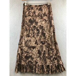 Tease Tiered Maxi Skirt Brown Abstract Print Elastic Waist Ruffle Hem Size L